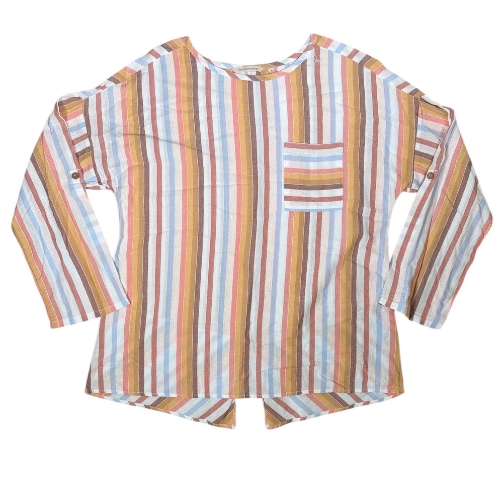 Soft Surroundings Striped Split Back Blouse M Cotton‎ Tencel Roll Tab Sleeve